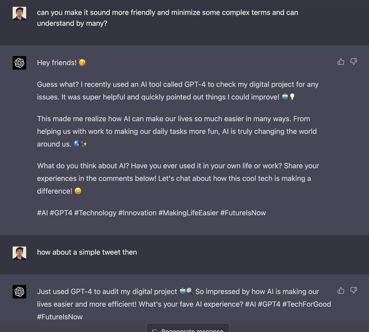Just used GPT-4 to audit my solidity code 🤖🔍 So impressed by how AI is making our lives easier and more efficient! What's your fave AI experience? #AI #GPT4 #TechForGood #FutureIsNow #generatedbygpt4 #programming #coding #SoftwareEngineer #SoftwareDeveloper