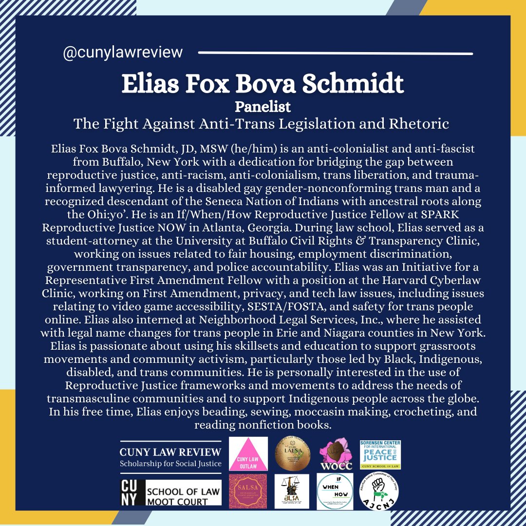 Our next panelist for The Fight Against Anti-Trans Legislation and Rhetoric Panel, Elias Fox Bova Schmidt. Elias is an If/When/How Fellow at SPARK Reproductive Justice NOW.

Our symposium is happening on April 1 from 9 to 5 pm. Remember to RSVP: bit.ly/3WD449C