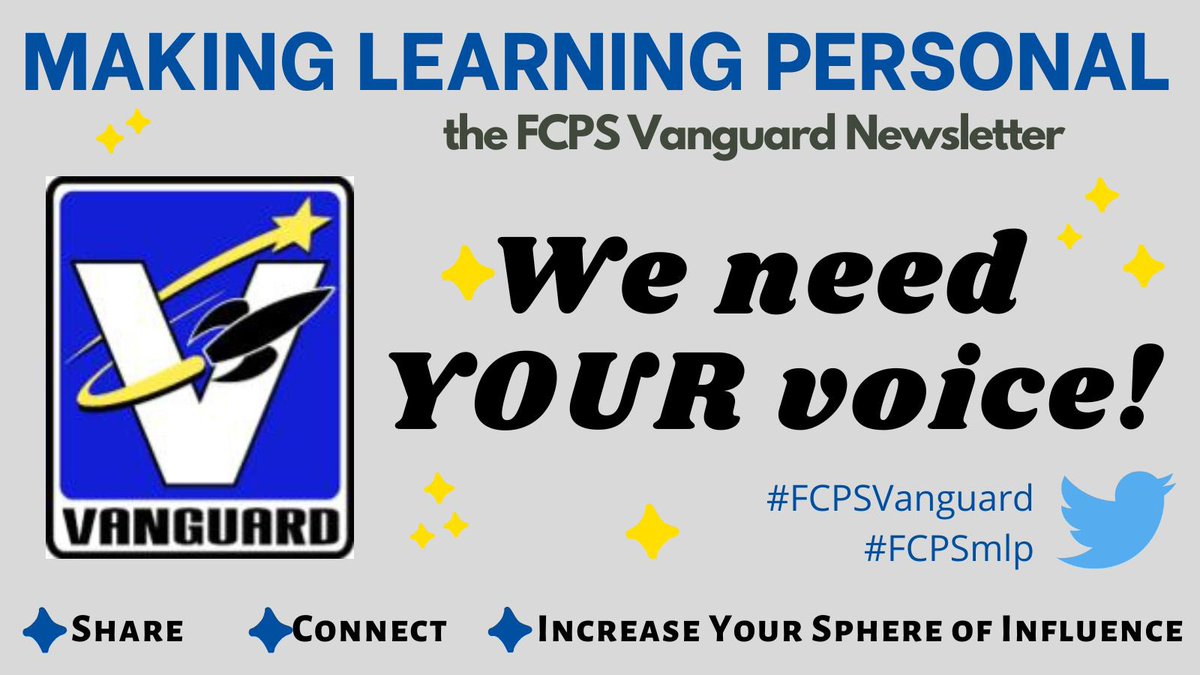 #FCPSVanguard teachers! Missing a Microcredential? Write for the Vanguard Newsletter! Topics can include: March Forum, playlists, guest speaker Jennifer Gonzalez, collaboration/connection, or even share a book review! Reach out w/questions. 4/21/23 submission deadline. #FCPSmlp