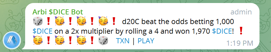 Arbi_Dice's tweet photo. Winner Winner Chicken Dinner!!!

Congrats to d20C! Come roll with us!

#DICE #ARBIDICE #ARB #ARBITRUM https://t.co/95GictM9JY