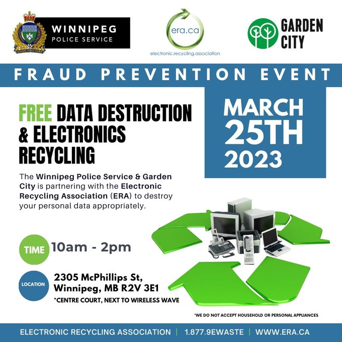 We're partnering with <a href="/DonateRecycleIT/">ERA</a> and 
<a href="/GardenCityWpg/">Garden City</a> on March 25th, 2023, to host a FREE electronics shredding &amp; recycling event for the local community. 

Read more: ow.ly/NPp450NluB3

#FPM2023 #Reuse #DataSecurity #Recycle #FraudPrevention #Winnipeg #MB