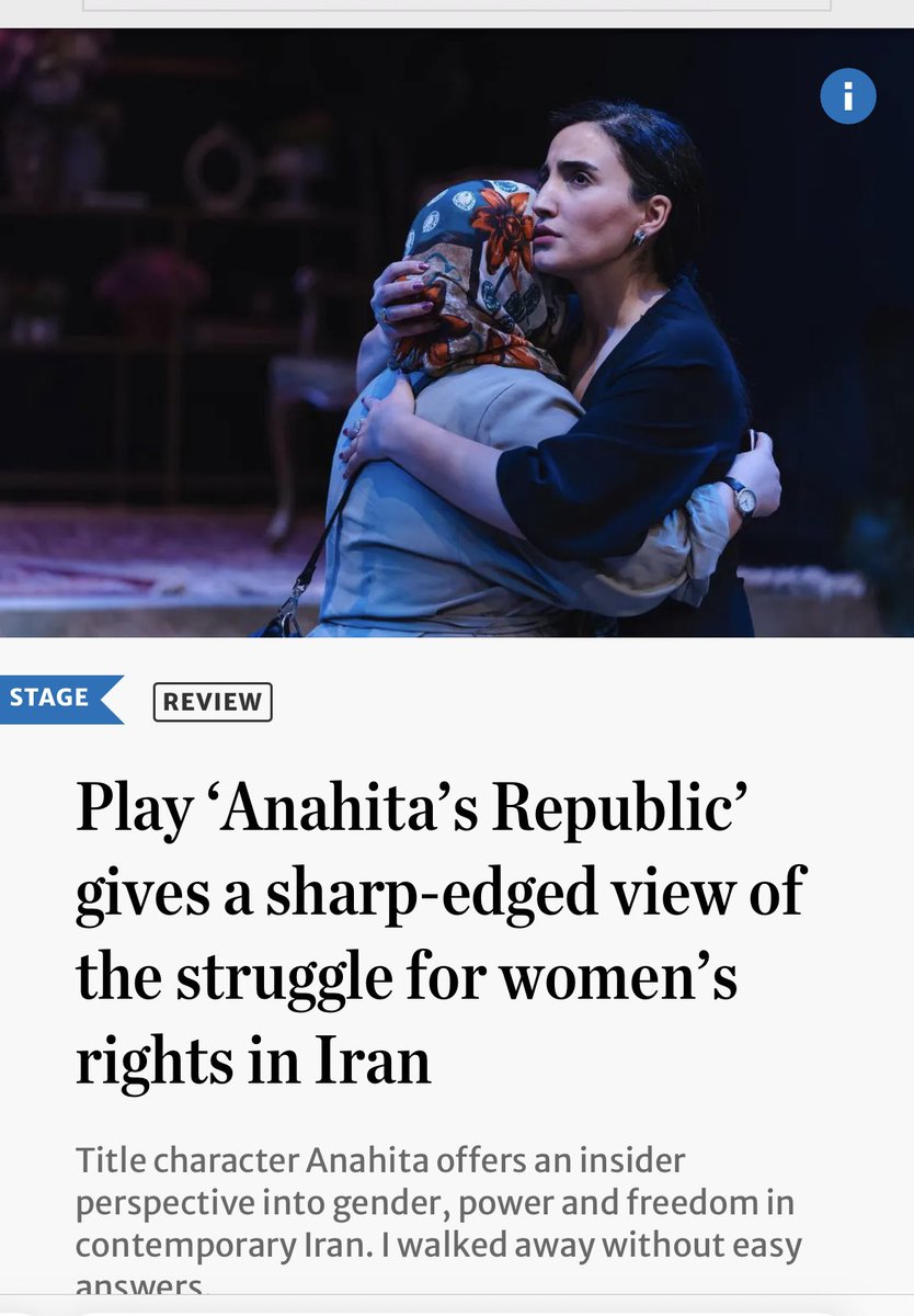 Anahita’s Republic by Hengameh E Rice Great review from the <a href="/TorontoStar/">Toronto Star</a>  On now until April 2. <a href="/FactoryToronto/">Factory Theatre</a> Tickets &amp; Info: tinyurl.com/5yruhy9b  #theatre #indietheatre #iranianstories #community #womensrights #womanlifefreedom #torontotheatre