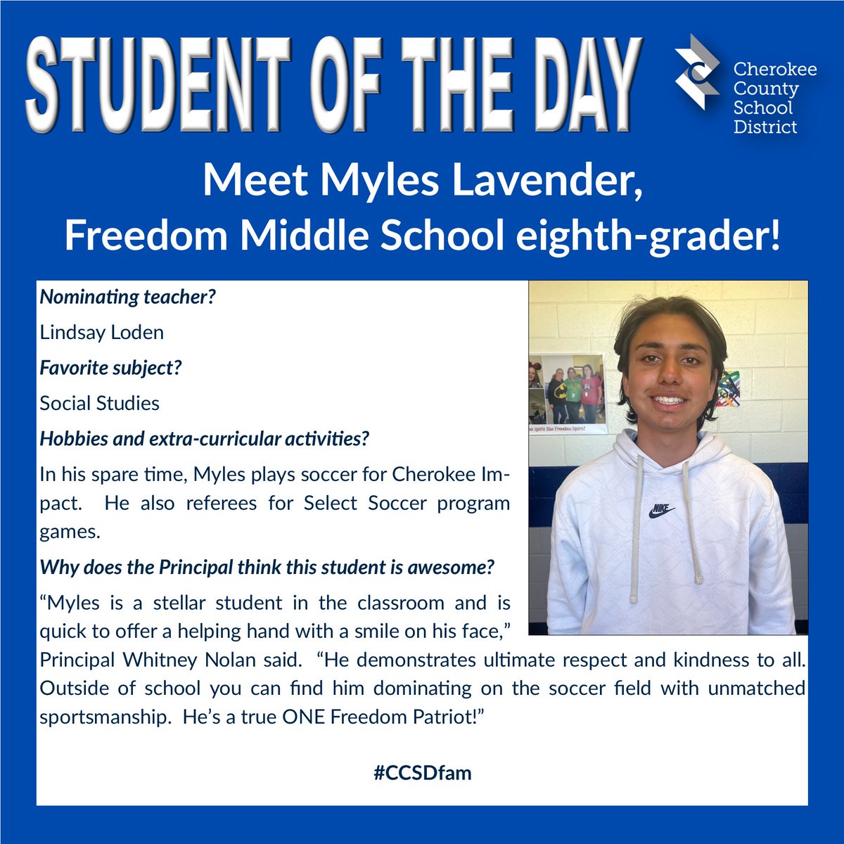CherokeeSchools's tweet photo. CCSD's "Student of the Day" is announced on WLJA 101.1 FM between 7-7:15 a.m. and 5-5:15 p.m. each school day, and we highlight these outstanding students here, too. #CCSDfam https://t.co/UCAXNNerLH