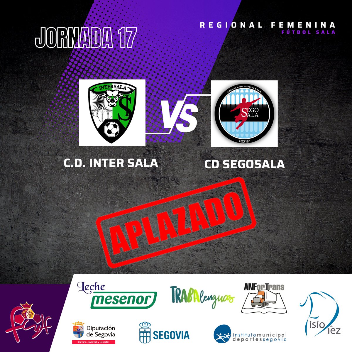 Segosala's tweet photo. #Comunicado | #Fcylf
Según comunicado de la @FCyLF de esta misma tarde, el partido que debería disputar nuestro equipo de regional femenina mañana sábado contra el Inter Sala, queda aplazado hasta nueva fecha ante la imposibilidad de contar con árbitros para dirigir el encuentro. https://t.co/JXFcs5A7iv