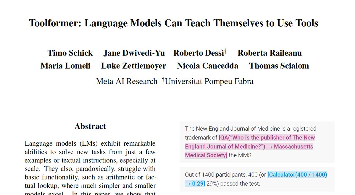 1/ 在OpenAI发布plugin后，后知后觉地意识到了toolformer这篇论文的重要性，于是重读了论文，把一些读后感做个thread

看到其他推友如@Tisoga 也写过类似的总结，深入浅出的分析了toolfomer可以干什么。

此thread从language modeling的角度，通俗地谈一下toolformer是如何做到学会使用工具的。

🧵