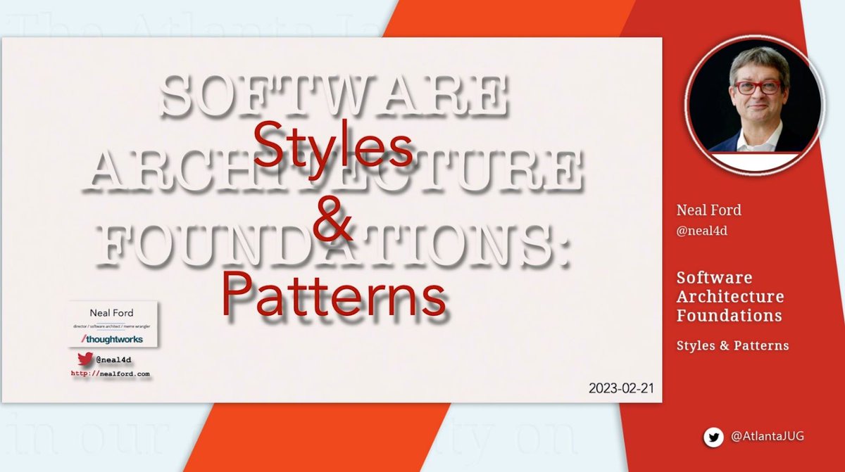 recallact's tweet photo. New video from @AtlantaJUG 2023: "Software Architecture Foundations: Styles &amp; Patterns" by Neal Ford @neal4d of @thoughtworks https://t.co/gDXDXi0Y9n https://t.co/LdByyXQXhT