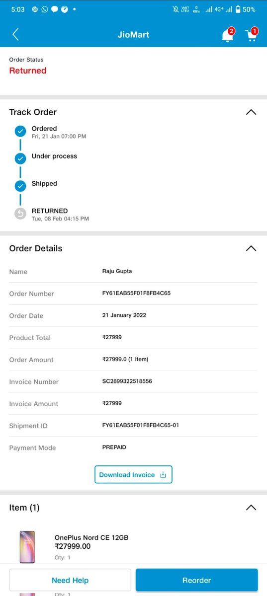 karushiv084's tweet photo. I have buyed the product from Jio Mart Digital 
Phone One plus Nord  CE2 But the Product is not Delivered yet and status is showing Returned but refund not initiated since last 1 year . Altr no. 8127908443  @JioMart_Support @MukeshAmba @ImAtulKansal  #fraudcompany
#refund https://t.co/7TAcPt1czM
