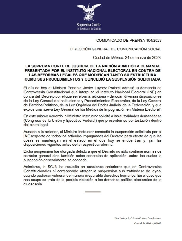 lopezdoriga's tweet photo. Como se los informé, la SCJN concede suspensión al INE contra todo el Plan B de la Reforma Electoral.

Más en https://t.co/BjdELZkpfR https://t.co/FG66cMrdHb