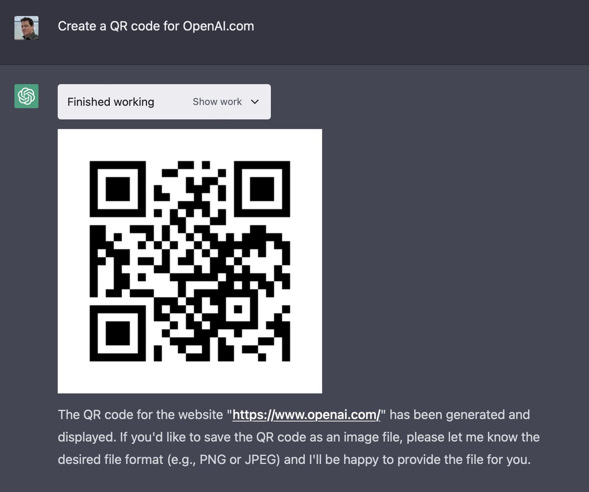 oran_ge's tweet photo. ChatGPT plugins 的真正 Magic 是 Code Interpreter
昨天跟大家说惊掉下巴，指的是现场写代码解决问题，还能输出文件。
除了裁剪视频还能做什么呢？
- OCR，导入图片，输出.txt文件
- 根据要求生成.wav 声音
- 创建二维码
- 图像转为ASCII
- 生成GIF图片
- 国际象棋模拟器
https://t.co/NAO6LwTzvr https://t.co/ozBLDgqN3Q