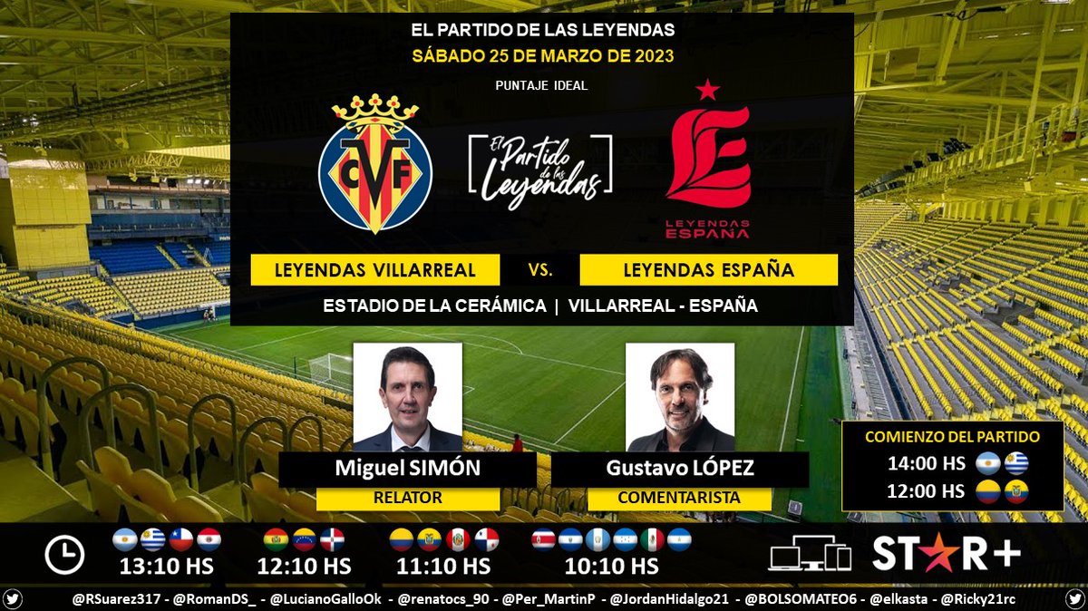 ⚽ #CentenariGroguet 💯 | 💛 #LeyendasVillarreal vs. #LeyendasEspaña 🇪🇦
🎙 Relator: @migsim
🎙 Comentarista: @gustavohlopez
💻📱 @StarPlusLA Latinoamérica
🤳 #FUTBOLxESPN - #ESPNenStarPlus - @VillarrealCF
Dale RT 🔃