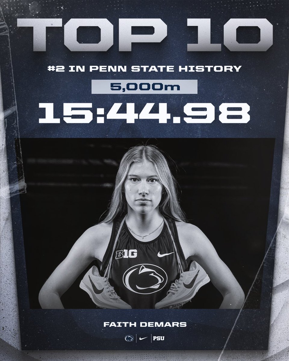 PennStateTFXC's tweet photo. The B1G indoor champ is back in a B1G way

@faith_demars ran the No. 2️⃣ 5K time in Penn State history and became one of just six Nittany Lion women ever to break 16:00 in the event with a BLAZING 15:44.98

🔥🔥🔥

#WeAre | #PSUTF https://t.co/TVNkLwnJib