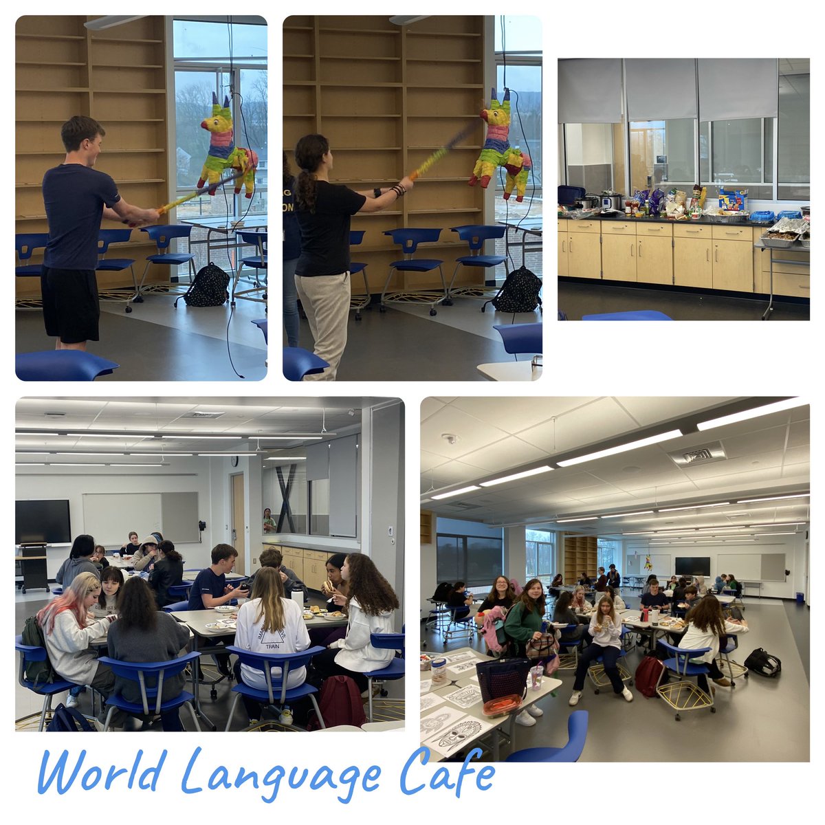 The French, German, and Spanish clubs shared cultural food together today during Lunch & Learn for World Language month. Good food, good music, and a piñata! @UpperMerionSD @JBauerUM