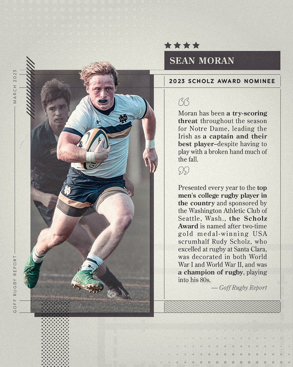 NDRugby's tweet photo. Congratulations to Sean Moran on his nomination for the 2023 Rudy Scholz Award! ☘️ https://t.co/4eC0WRiPO5