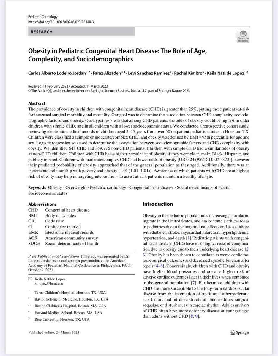 DrKeilaLopez's tweet image. Congrats to future pedi cardiology fellow @carloslode8 and current pedi cardiology fellow @FAlizadehMD on their publication on obesity in CHD and associated sociodemographic factors