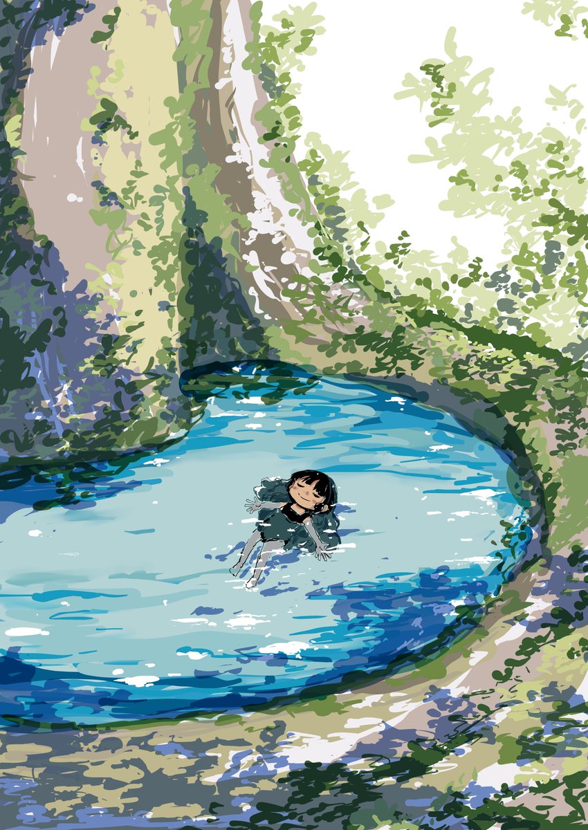 1girl solo water black hair closed eyes partially submerged outdoors  illustration images