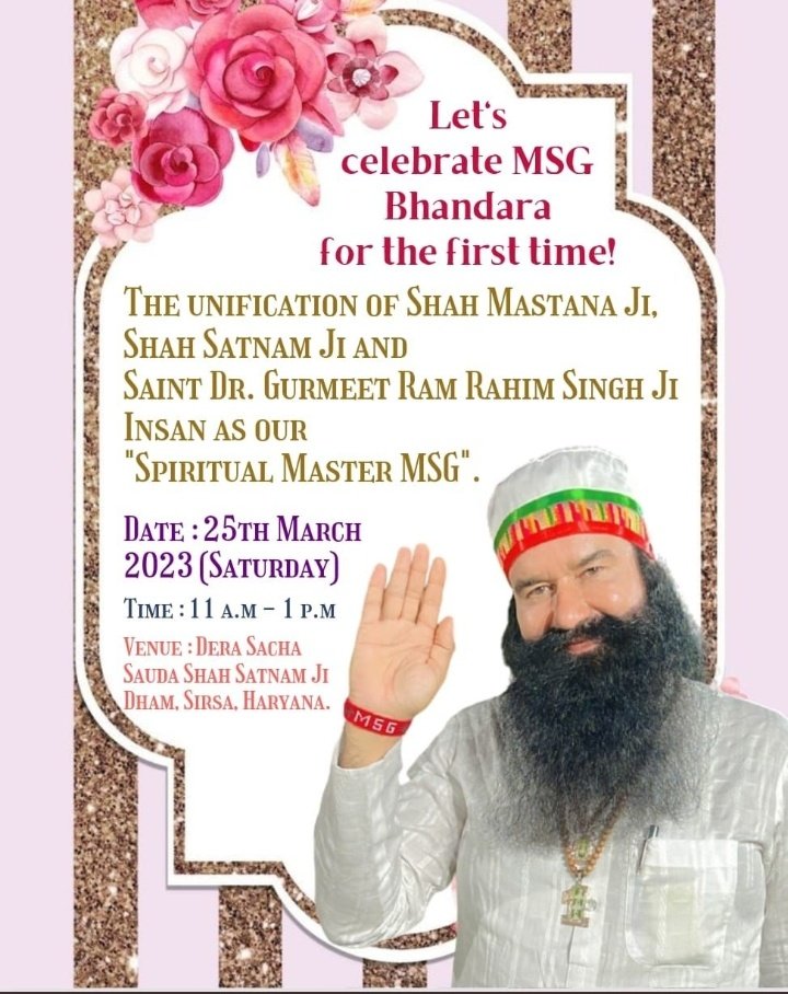 AmitSony66406's tweet photo. 25th March is a special day in 1973, when three powers Shah Mastana Ji, Shah Satnam Ji, and Saint Dr @Gurmeetramrahim ji
Mintegrated as "MSG" to connect people with their life purpose and humanity can be revived. Let's together celebrate "MSG Bhandara" in Sirsa.🥳🥳
#MSGBhandara https://t.co/n94ZaSb03g