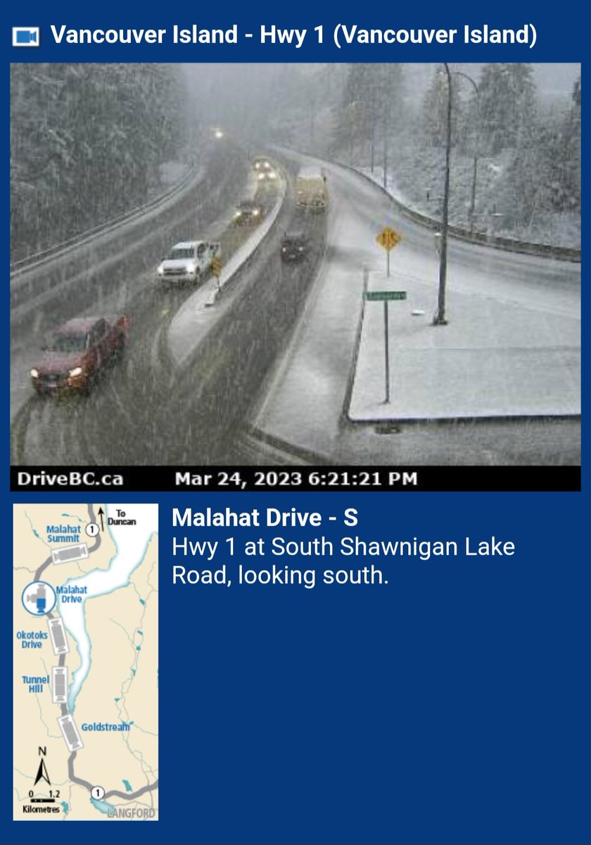 Moderate wet snowfall has blanketed higher elevations and inland areas on #SouthVanIsle. 

Be aware of changing conditions on #BCHwy18 and #BCHwy1 #Malahat and adjust driving habits accordingly.

@DriveBC #yyjtraffic @TranBCVanIsle