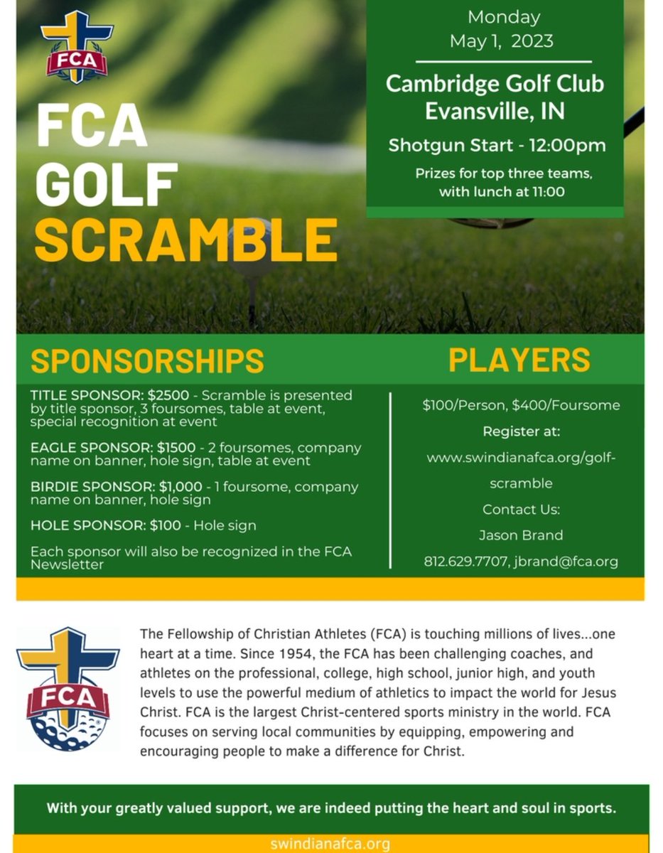 SWIndianaFCA's tweet image. We're excited to announce our Eighth annual SW IN Golf Scramble on Monday, May 1st at Cambridge Golf Club! Click here for details and to register! 
swindianafca.org/golf-scramble

Share with your golfers!  A great way to support the local FCA ministry