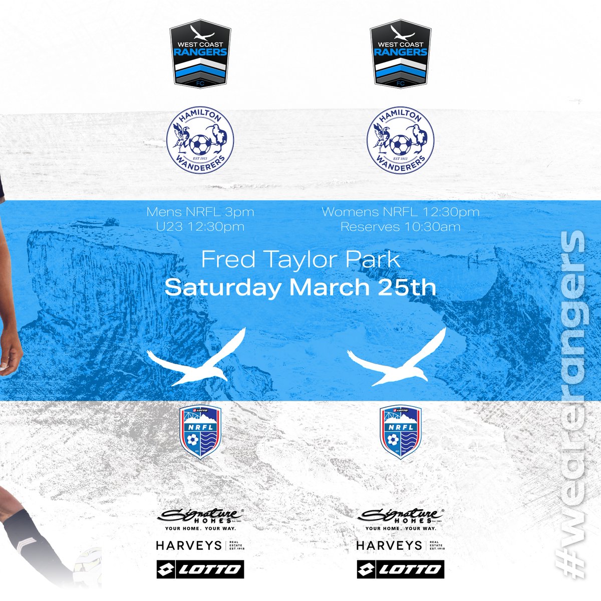 Opening weekend Double Header....
<a href="/LOTTONRFL/">LOTTO NRFL</a> 
<a href="/NRF_Football/">Northern Region Football</a> 
<a href="/HamWanderersNZ/">Hamilton Wanderers</a>