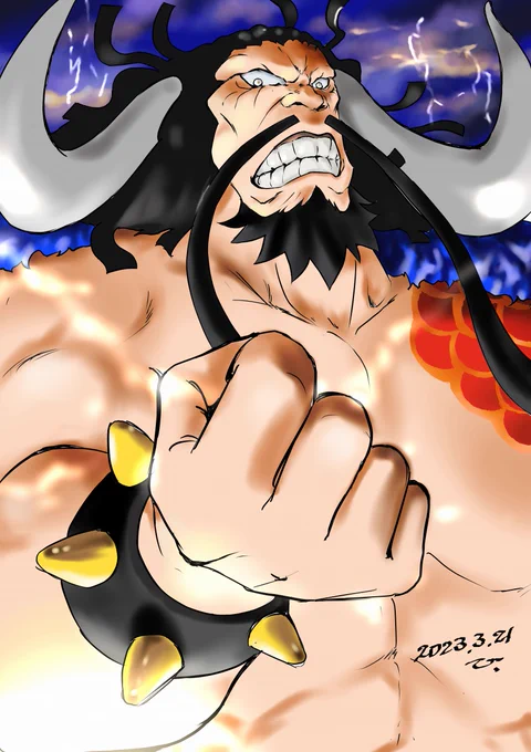 以前描いたウタさんに引き続き、頼まれて描いたカイドウです。こっちはワノ国編見てたので、イメージしやすかったです#ファンアート #ワンピース #カイドウ 