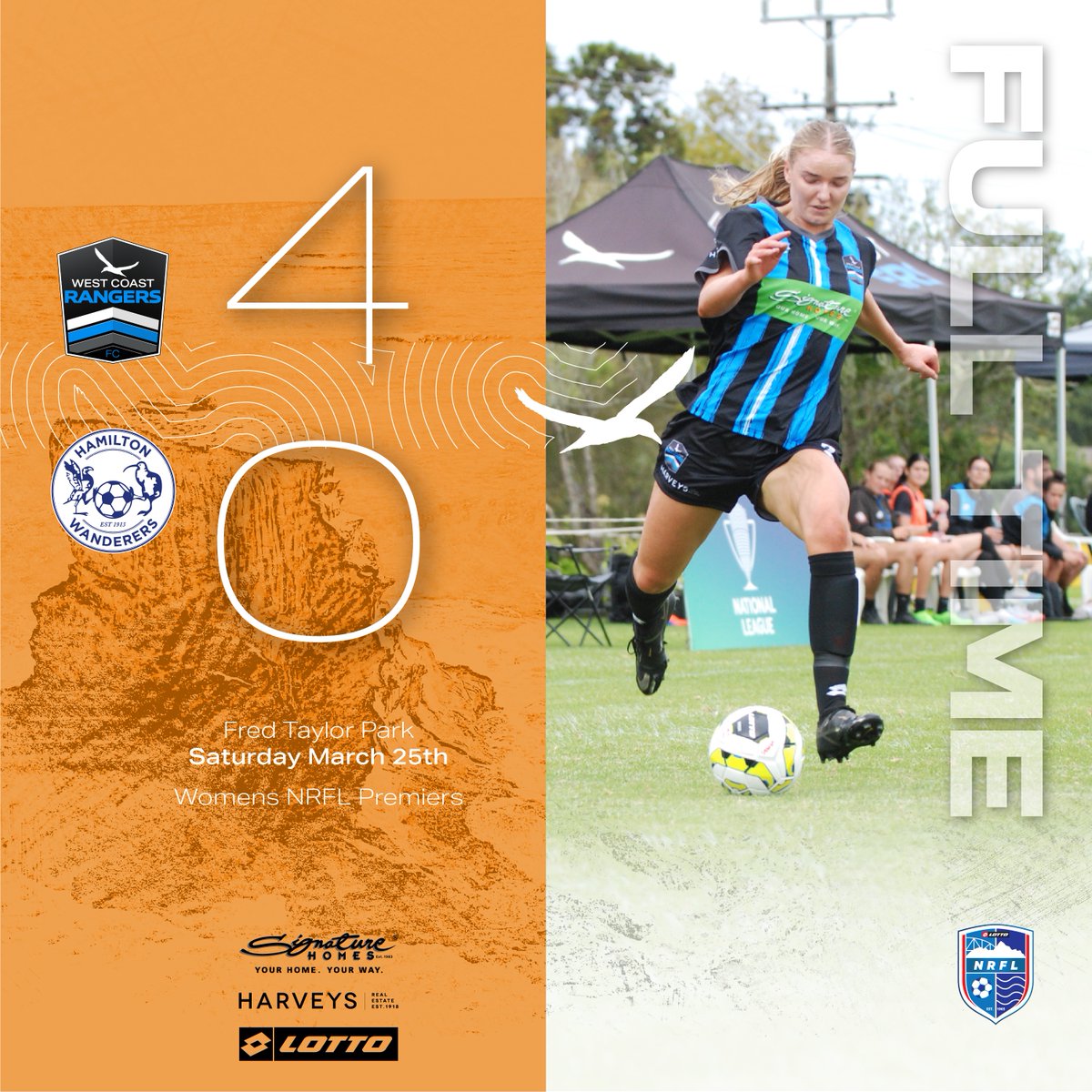 Full time here at Fred Taylor Park and our Womens Premiers take their first game 4-0. A great start to the new year. 
Our women's reserves won 5-4 and our Mens U23s went 2-2.
<a href="/LOTTONRFL/">LOTTO NRFL</a> 
<a href="/NRF_Football/">Northern Region Football</a> 
<a href="/HamWanderersNZ/">Hamilton Wanderers</a>
