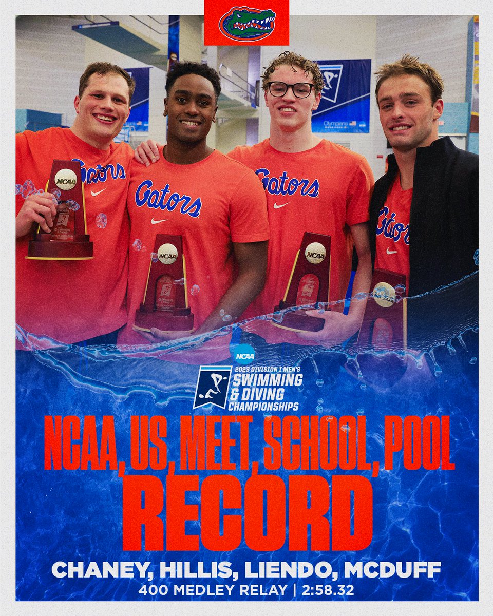 GatorsSwimDv's tweet photo. Another NCAA record falls 🐊

For the first time since 1991, Florida is National Champions in the 400 medley relay 💥

#GoGators https://t.co/dkjpitjTeI