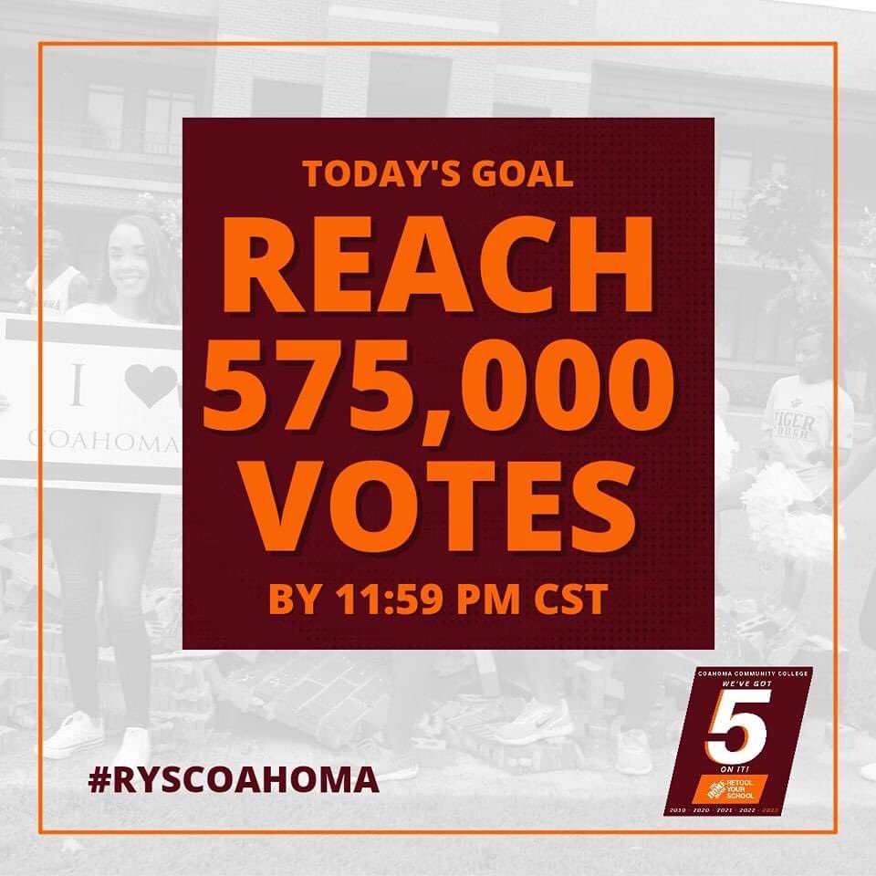 It's go time! The leaderboard will go blind soon. Let's reach 575k before midnight! 

Don't slow down! Help CCC win a $150k Retool Your School Campus Improvement Grant. VOTING is unlimited through March 26!
⌨️ TWEET &amp; RETWEET #RYSCOAHOMA