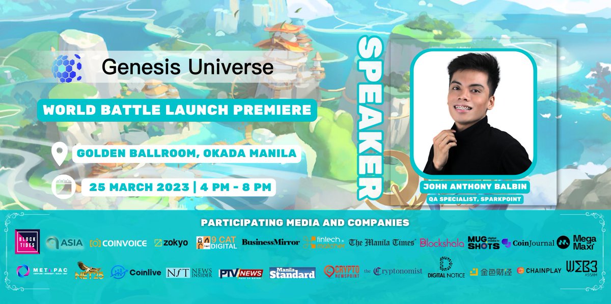 blocktides's tweet photo. 🙌 We're thrilled to announce that John Anthony Balbin, QA Specialist of @sparkpointio will be speaking at the upcoming @GenesisUnivers World Battle Launch Premiere event hosted by Block Tides. ✨

🎫 Register your interest in our whitelist registration:
https://t.co/UHQSs4Tigr

🎁 DIVIDEND POOL CONSISTING OF $GUT and POW worth US$50,000:
https://t.co/nmnfpu1EFb

#BlockTides #GenesisUniverse #WorldBattle #LaunchPremier #PressConference #Metaverse #Web3 #blockchain