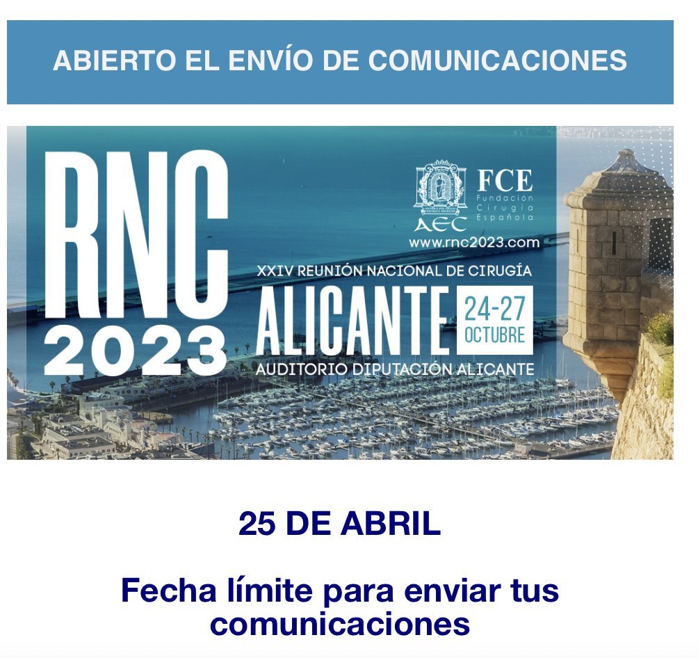 Reunion Nacional de Cirugia 2023. (@rnaecalicante23) on Twitter photo Abierto el plazo para enviar comunicaciones
Fecha limite 25 de Abril <a href="/MarioSerradill1/">Mario Serradilla</a>
<a href="/LopezBenS/">santi lopez ben</a> <a href="/Some4SurgeryIT1/">@Some4SurgeryITeam</a> <a href="/Residentequir/">Residentequirurgico</a>
<a href="/HpbMar/">HPB unit Hospital del Mar</a> <a href="/hpbnorth/">Hpb North_Newcastle</a> <a href="/dorcaratto/">Dimitri Dorcaratto</a> <a href="/hessheimer/">Amelia Hessheimer</a>
<a href="/robert_memba/">Robert Memba</a> <a href="/aecirujanos/">aecirujanos</a> <a href="/BalibreaJose/">Jose M. Balibrea MD, PhD, FACS</a>
<a href="/MarcosBruna_/">Marcos Bruna</a> <a href="/juliomayol/">Julio Mayol</a> Abierto el plazo para enviar comunicaciones
Fecha limite 25 de Abril <a href="/MarioSerradill1/">Mario Serradilla</a>
<a href="/LopezBenS/">santi lopez ben</a> <a href="/Some4SurgeryIT1/">@Some4SurgeryITeam</a> <a href="/Residentequir/">Residentequirurgico</a>
<a href="/HpbMar/">HPB unit Hospital del Mar</a> <a href="/hpbnorth/">Hpb North_Newcastle</a> <a href="/dorcaratto/">Dimitri Dorcaratto</a> <a href="/hessheimer/">Amelia Hessheimer</a>
<a href="/robert_memba/">Robert Memba</a> <a href="/aecirujanos/">aecirujanos</a> <a href="/BalibreaJose/">Jose M. Balibrea MD, PhD, FACS</a>
<a href="/MarcosBruna_/">Marcos Bruna</a> <a href="/juliomayol/">Julio Mayol</a>