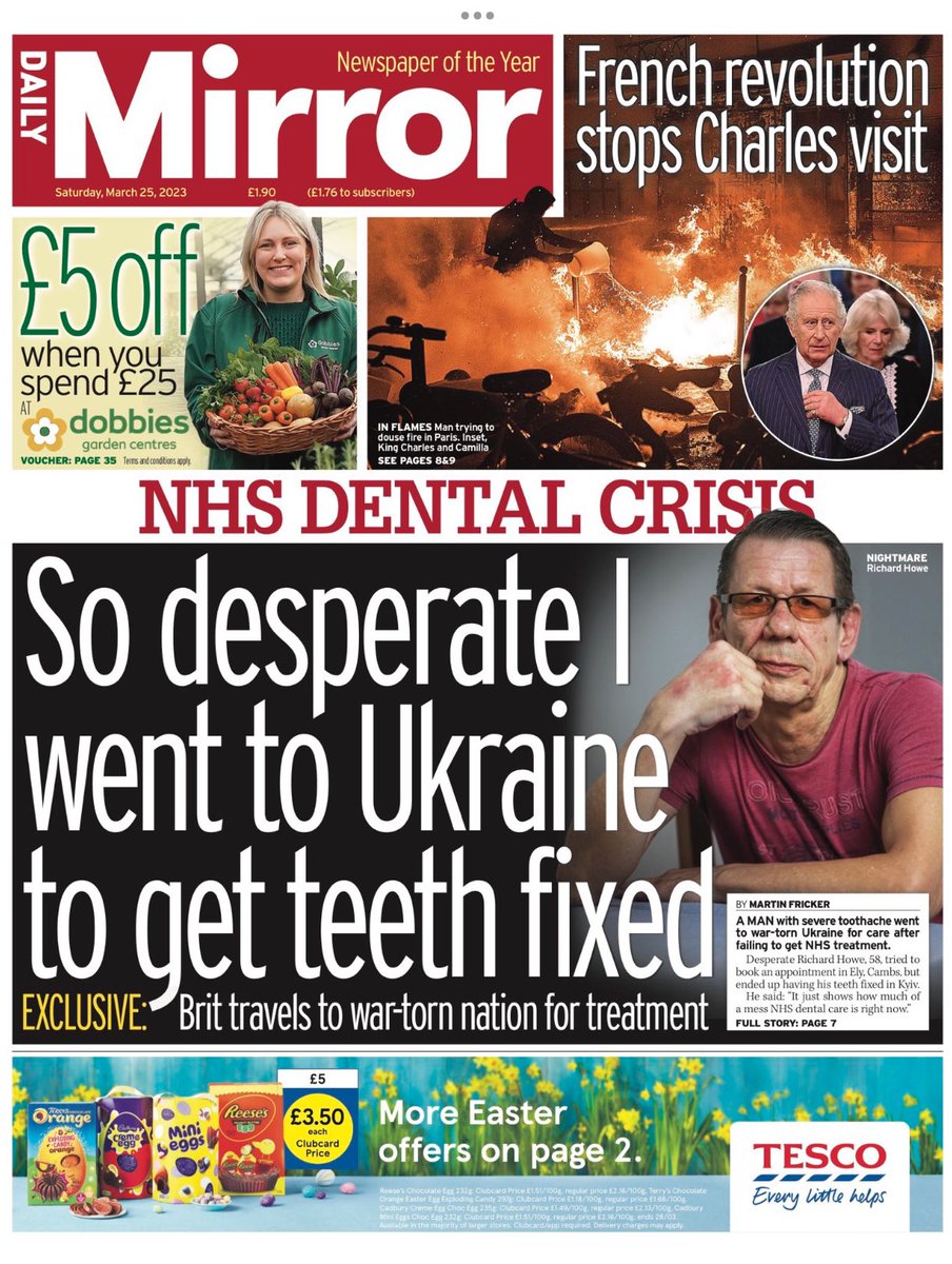 Here is Saturday’s front page from the: #DailyMirror #TomorrowsPapersToday So desperate - I went to Ukraine to get teeth fixed