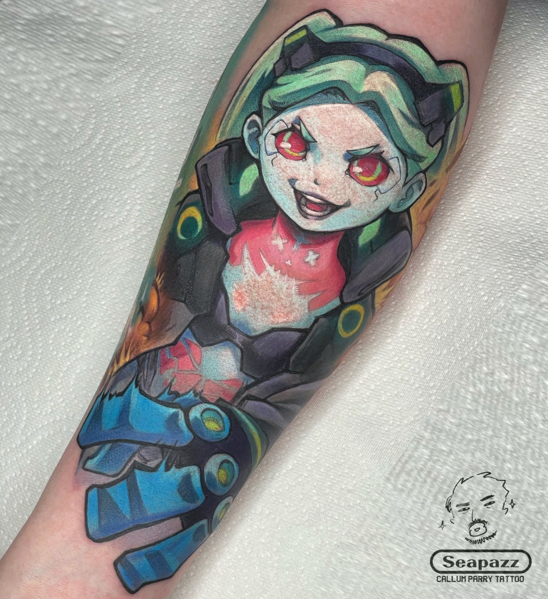 seapazz's tweet photo. Rebecca from cyberpunk edgerunners done earlier this week! #electrumink #art #tattoo #tattooart #anime #animeart #animetattoo #animeink #cyberpunk #CyberpunkEdgerunners #cyberpunk2077 #cyberpunkrebecca https://t.co/EWzy5fbADr