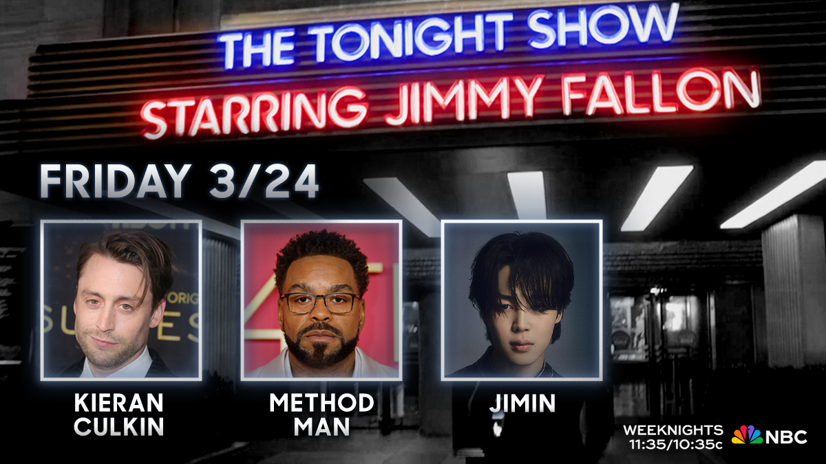 FallonTonight's tweet photo. HAPPY FRIDAY! You won’t want to miss tonight’s show! ✨

✍️ Thank You Notes
💼 Kieran Culkin
🔥 @methodman 
🎶 Performance from @BTS_twt’s #Jimin

#FallonTonight #JiminOnFallon https://t.co/cvjnrr0G2A