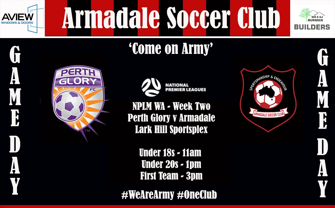 GAME DAY - We travel to the Lark Hill Sportsplex, Warnbro Sound Ave, Port Kennedy today to take on <a href="/PerthGloryFC/">Perth Glory FC</a> - Get along and support the boys - 'Come on Army' 
#WeAreArmy #OneClub