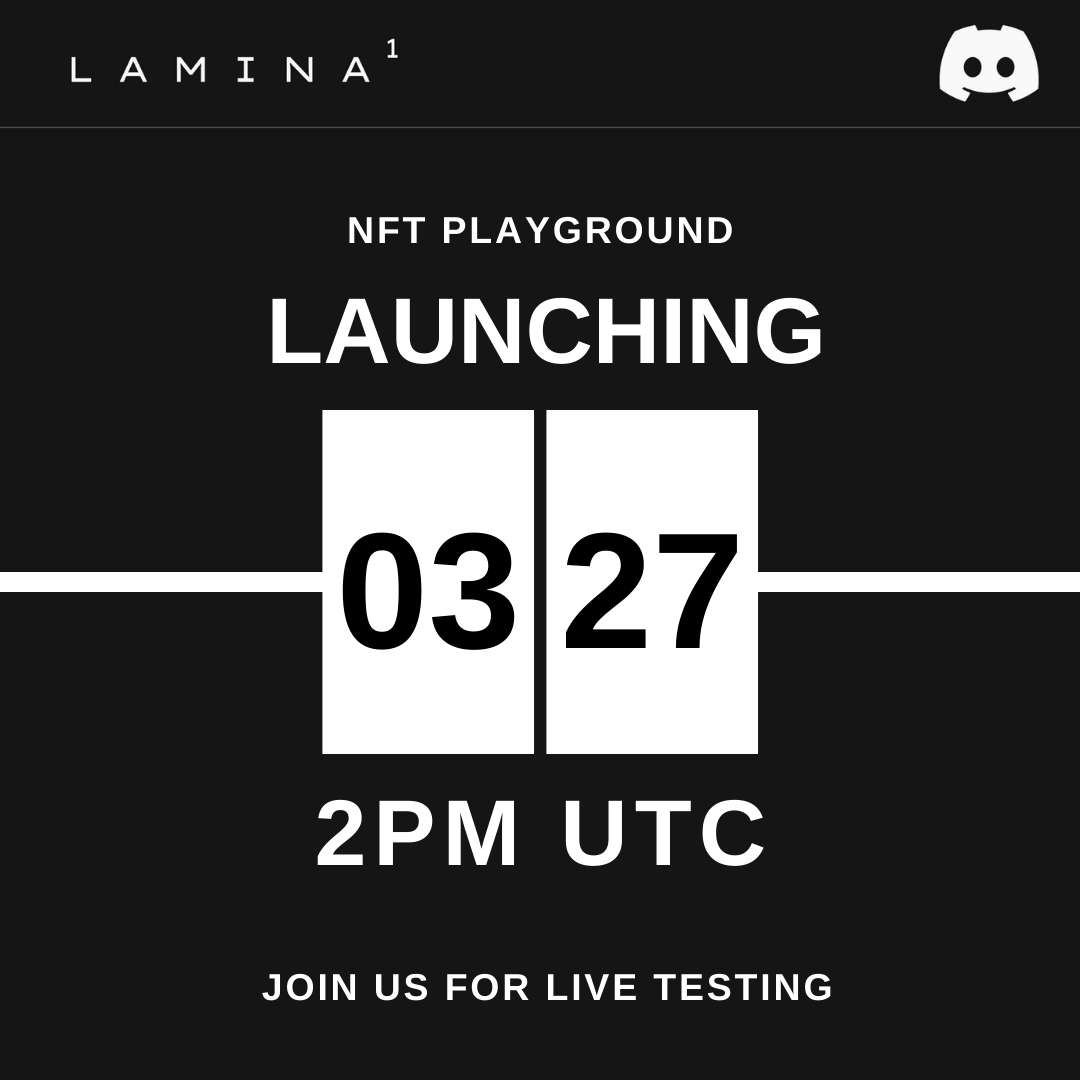 Lamina1official's tweet image. It&apos;s official. The Lamina1 NFT Playground site is now live at: nftplayground.lamina1.network

Join us Monday, 03/27 at 2:00pm UTC for a live community testing blitz. The more NFT transactions we can get going simultaneously, the better.