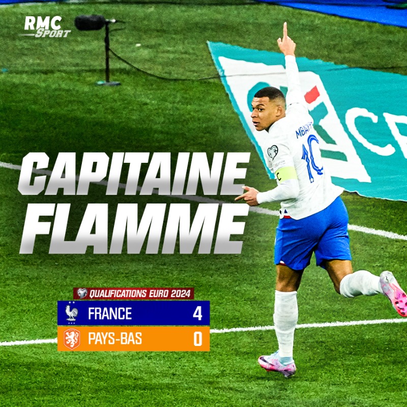 RMCsport's tweet photo. ✅ Entrée en matière parfaite pour l'équipe de France qui surclasse les Pays-Bas au Stade de France (4-0) ! Avec un doublé et une passe décisive, le nouveau capitaine des Bleus Kylian Mbappé a brillé.