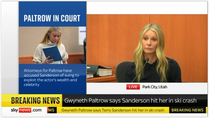 What was Gwyneth Paltrow in court for?
Watch live: Gwyneth Paltrow in court following claims she crashed into skier. Actress Gwyneth Paltrow is expected to be questioned in court after being accused of crashing into a skier during a 2016 family ski holiday.7 hours ago

Gwyneth Paltrow in court following claims she crashed into skier