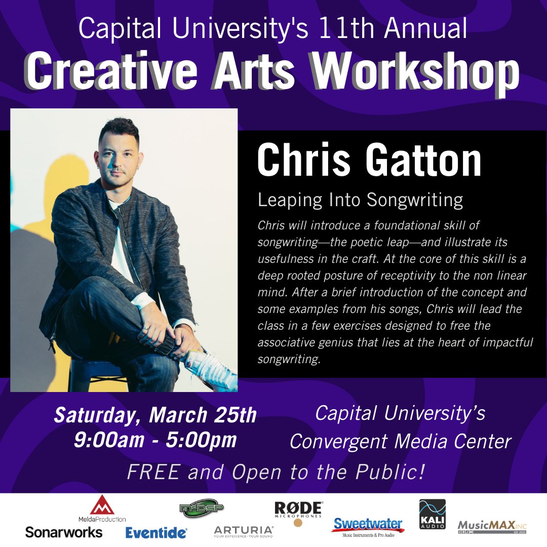 Tomorrow I’m giving a workshop at Capital University on songwriting. 10 AM or 11 AM. Free to the public!