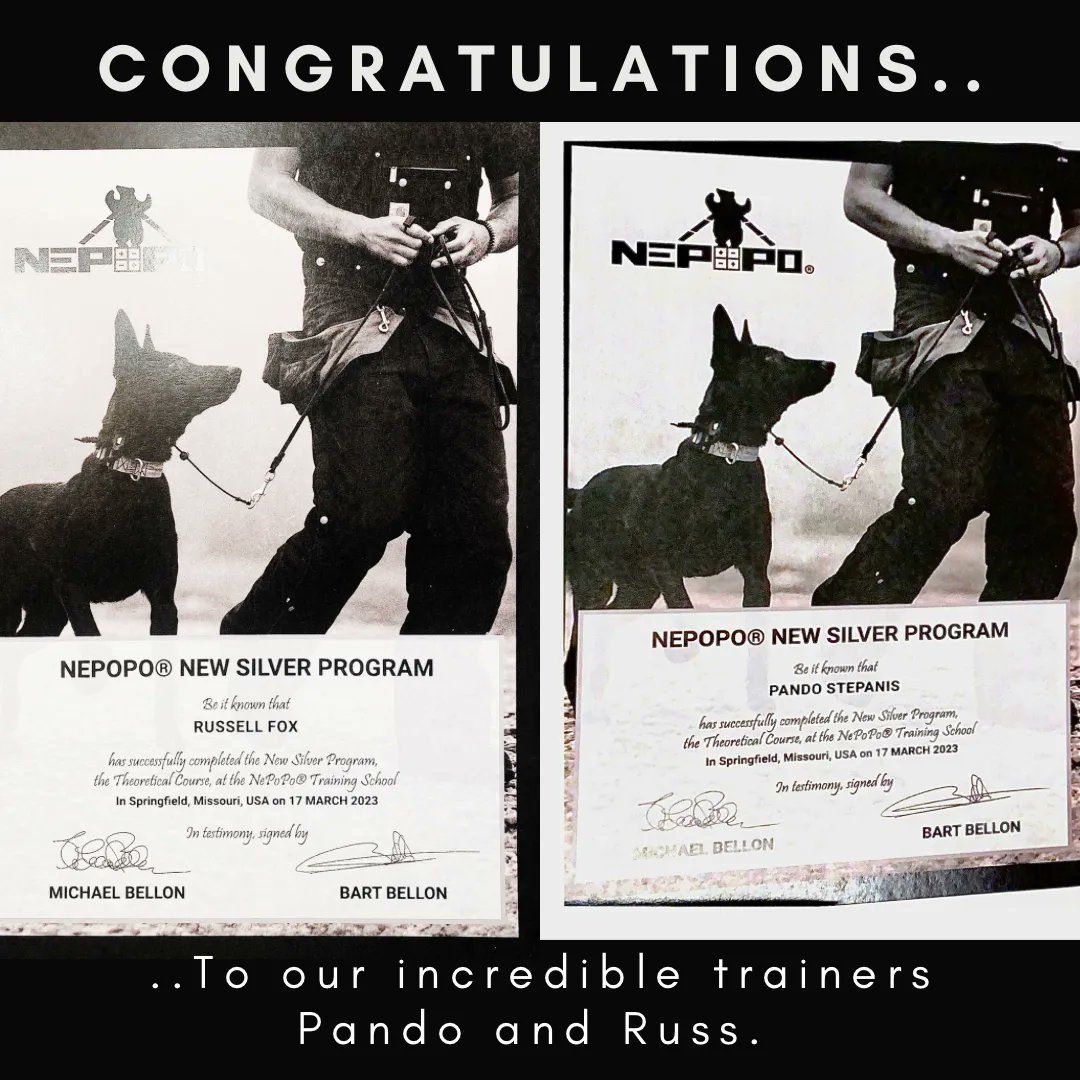K9unit_ASP's tweet photo. We would like to personally congratulate our incredible leaders Russ Fox and Pando Stepanis. They have graduated with honours at the world renowned Bart, Michael Bellon NePoPo Silver School Program. Russ and Pando are team leaders that offer the best guidance and knowledge.❤️🐾 https://t.co/aMKGZZftGb