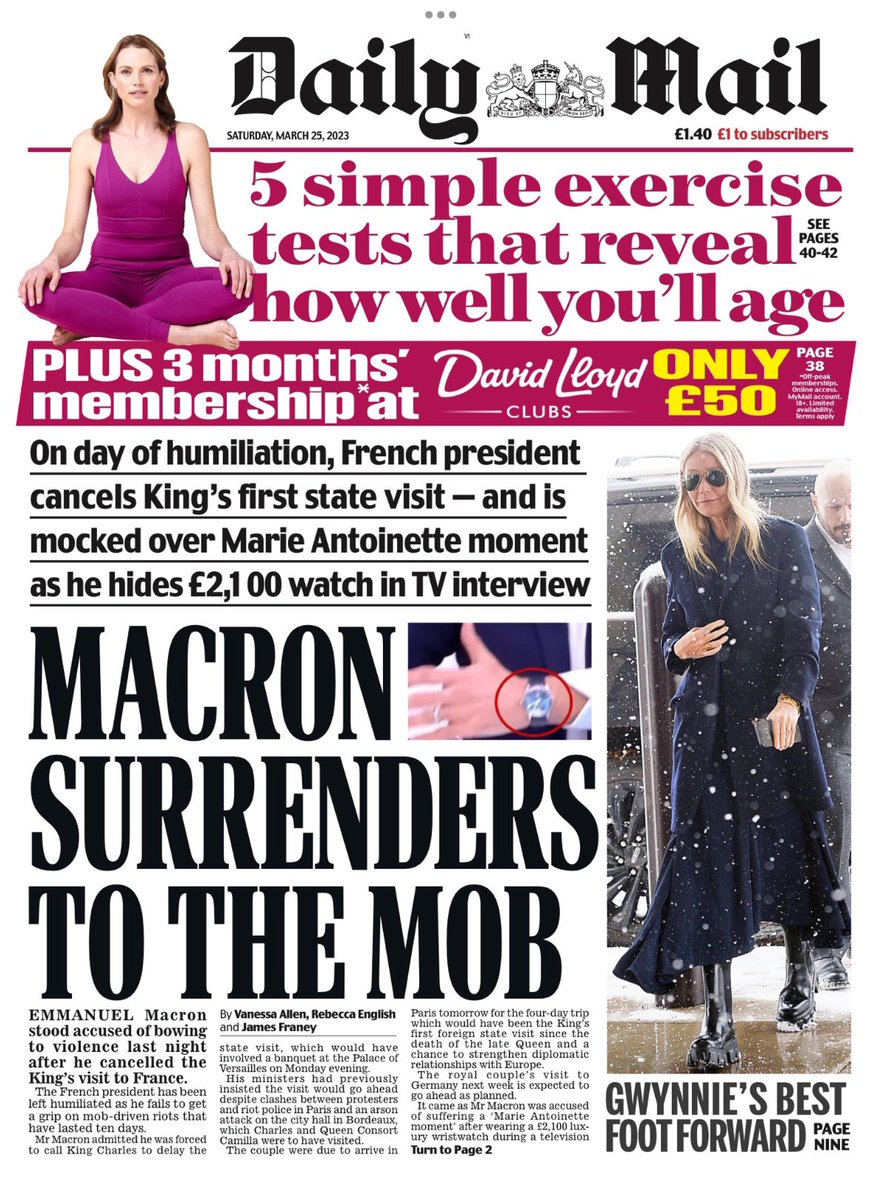 The Press Room From TSC News (@channel_tsc) on Twitter photo 2023-03-24 21:49:47 Here is Saturday’s front page from the: #DailyMail #TomorrowsPapersToday Macron surrenders to the mob Here is Saturday’s front page from the: #DailyMail #TomorrowsPapersToday Macron surrenders to the mob