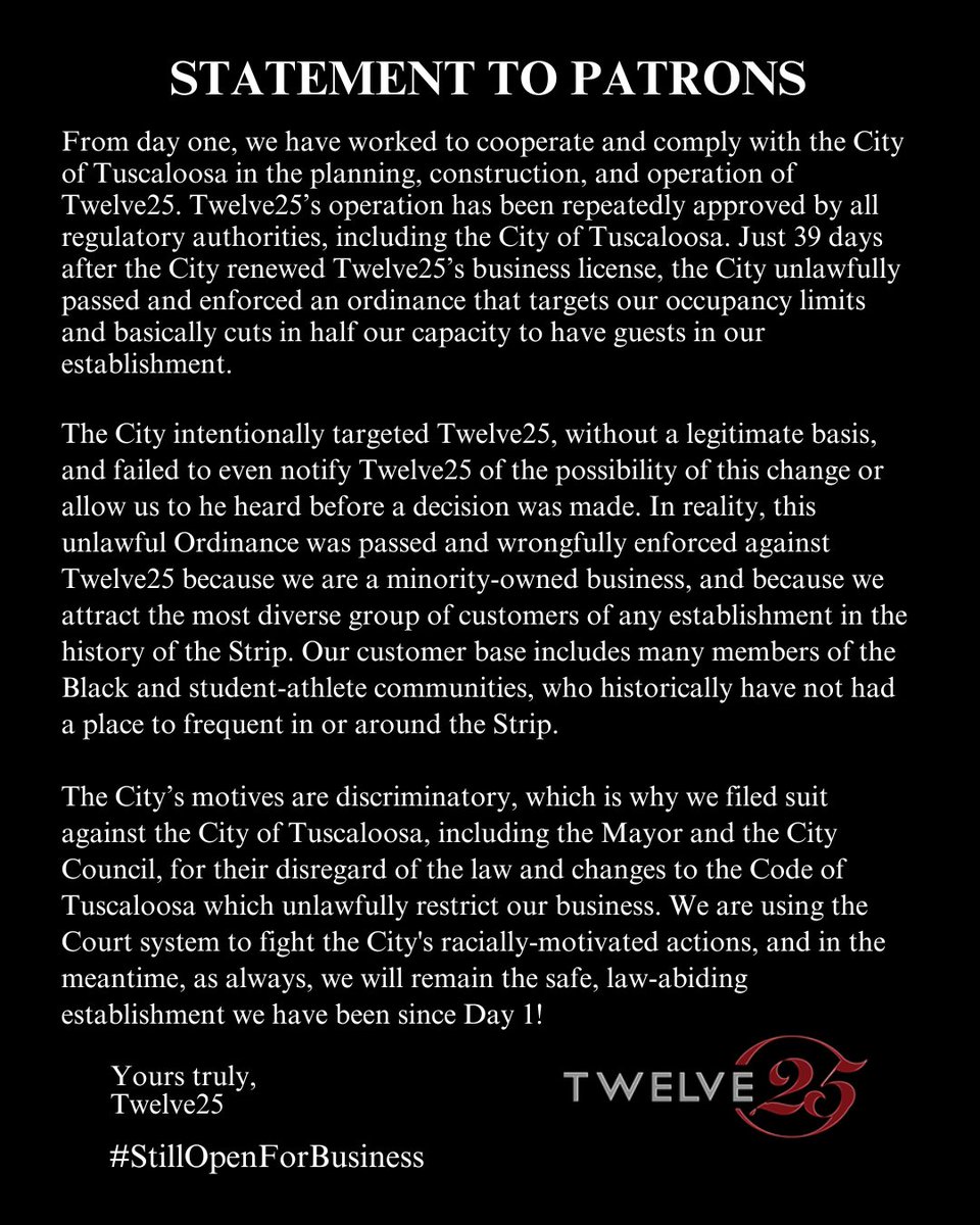 thetwelve25's tweet photo. Statement to Patrons from Twelve25.

#StillOpenForBusiness https://t.co/lw15wHmrjT