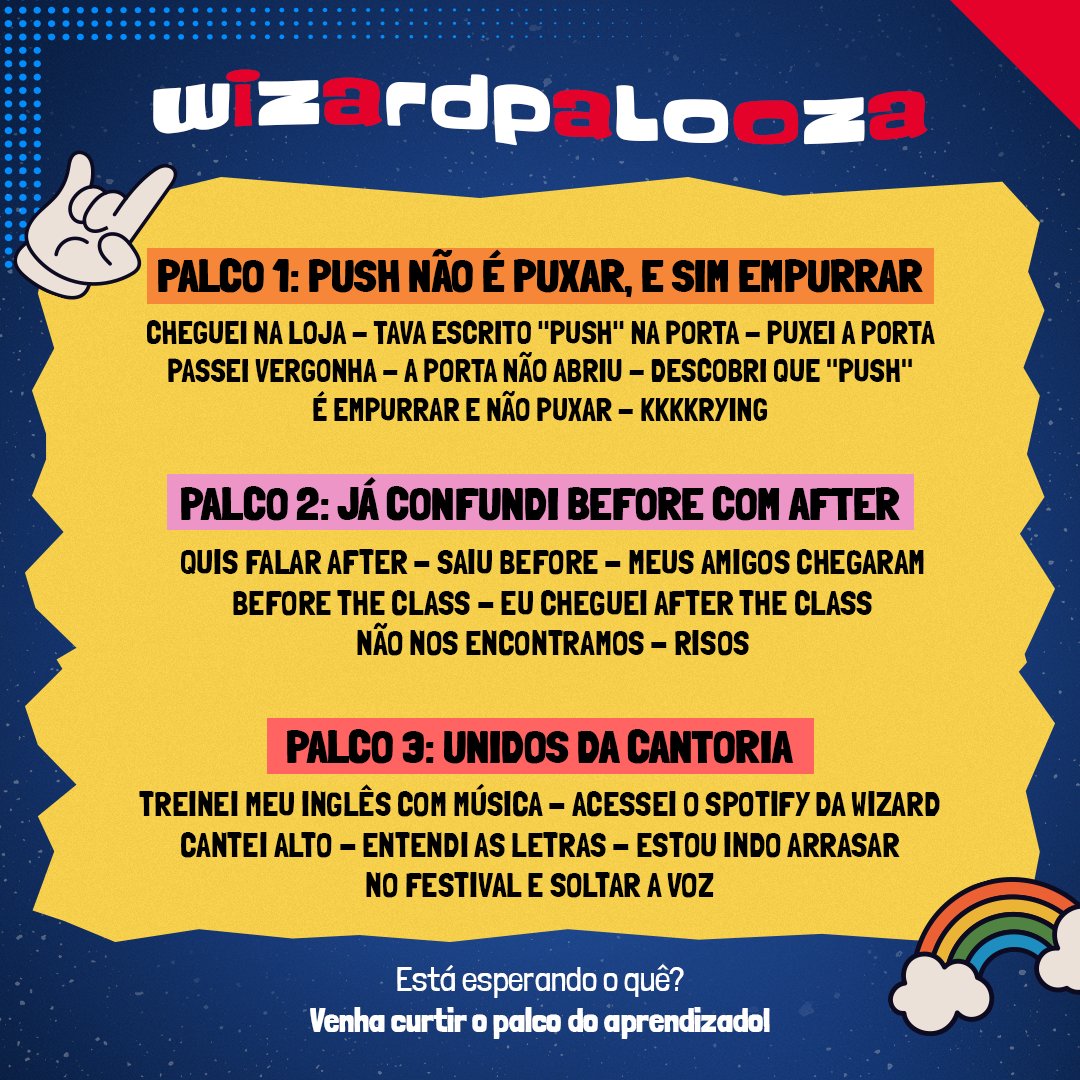 WizardBrazil's tweet photo. O WizardPalooza está ON! ✅
Qual desses palcos dá mais match com você? Deixe nos comentários! 🤣
Let's enjoy the concerts! 🤘
#WizardByPearson #EscolaDeIdiomas #AprenderInglês #WizardPalooza #AprenderInglesEmFestival #FestivalDeMusica #Lollapalooza https://t.co/flG7yfIPie