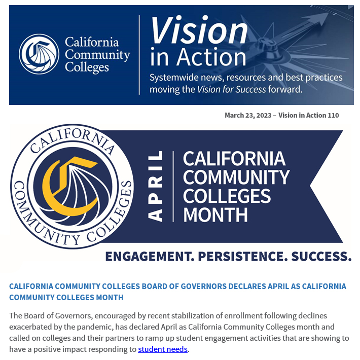 CalCommColleges's tweet photo. Read this week’s #VisionInAction: https://t.co/EkQDmhWkvE.
* April - California Community Colleges Month
* Family-Based Immigration Petitions Webinar 4/19/23
* 2023 Classified Employee of the Year Awards Nominations due 3/30/23 & more!
#VisionForSuccess
#CCCforUndocu
#CCCMonth https://t.co/JsaTd4AkYd