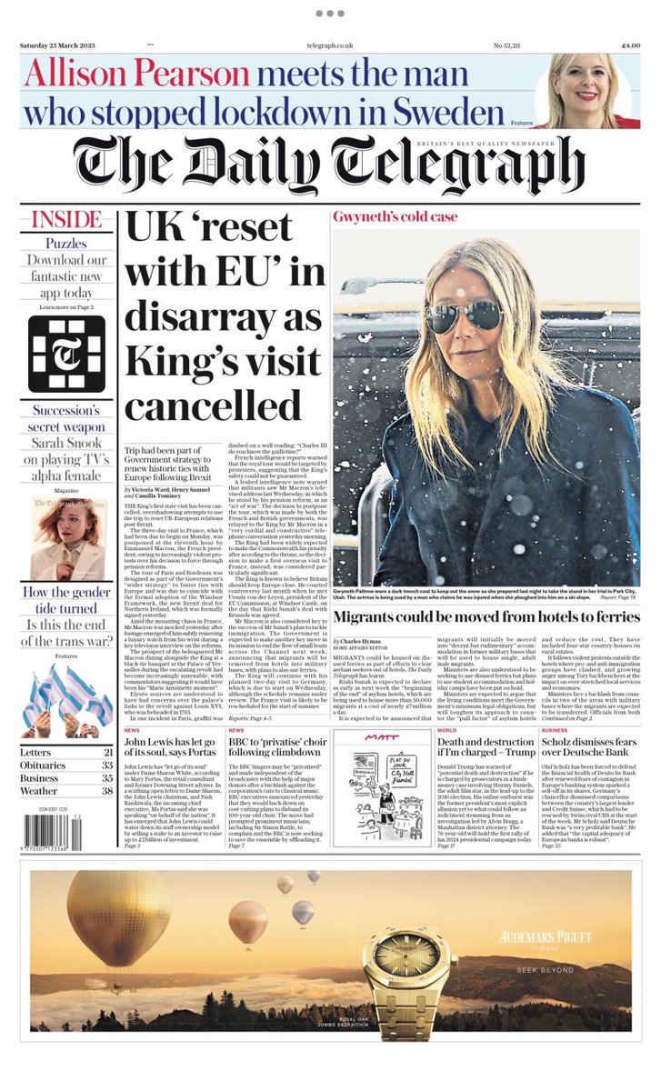 The Press Room From TSC News (@channel_tsc) on Twitter photo 2023-03-24 21:59:27 Here is Saturday’s front page from the: #DailyTelegraph #TomorrowsPapersToday Migrants could be moved from hotels to ferries Here is Saturday’s front page from the: #DailyTelegraph #TomorrowsPapersToday Migrants could be moved from hotels to ferries