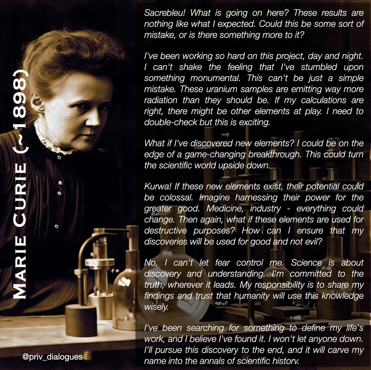 Inner dialogue of #MarieCurie at the groundbreaking moment when she discovered #Radium! 🧪💡 #Science #Chemistry #Physics #NobelPrize #WomenInSTEM #Radioactivity #Curie #HistoryOfScience #Inspiration #ScientificDiscovery #PrivateDialogues