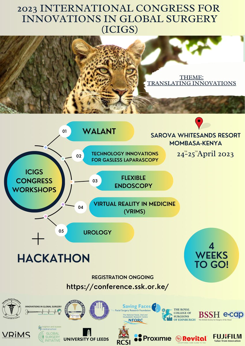Coming live in Mombasa:ICIGS CONFERENCE 2023!  

5 hands on worshops! Register on conference.ssk.or.ke to secure your spot! @InnovGlobSurg  @RCSI_GlobalSurg @RCSEd @KenyaSurgical
