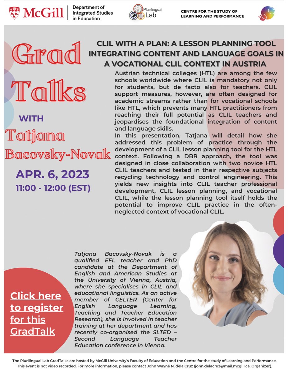 PlurilingualLab's tweet photo. Join us for our next Plurilingual Lab #GradTalk on Thursday, April 6, 11am-12pm (EST) via Zoom💻
Tatjana Bacovsky-Novak, University of Vienna, will talk about her PhD research in a vocational CLIL context in Austria. All are welcome!
Register (free) here⬇️
https://t.co/AZgc9xcZEE https://t.co/QYW8yHsC5t