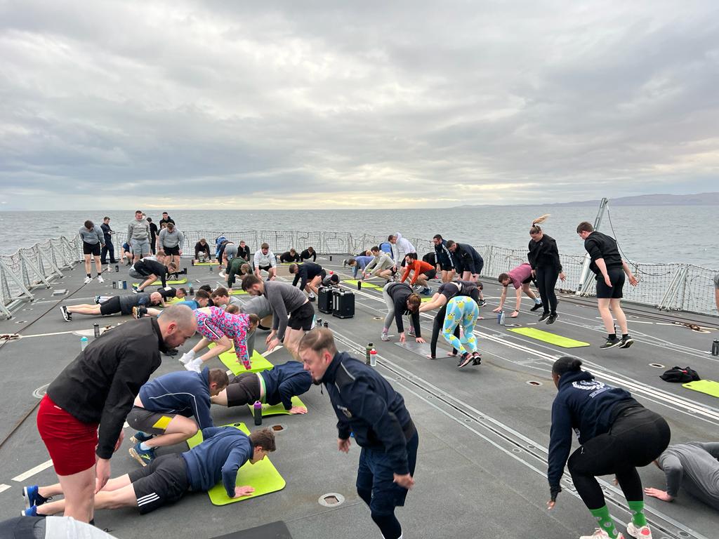 Members of the Ship’s Company recently completed a charity burpee challenge raising over £1,000💰 for @CR_UK. 5 burpees every minute for one hour = one for every km of the UK 🇬🇧 mainland coastline (17,819 in total). A great challenge for a great cause! 💪 @RoyalNavy @NAVYfit