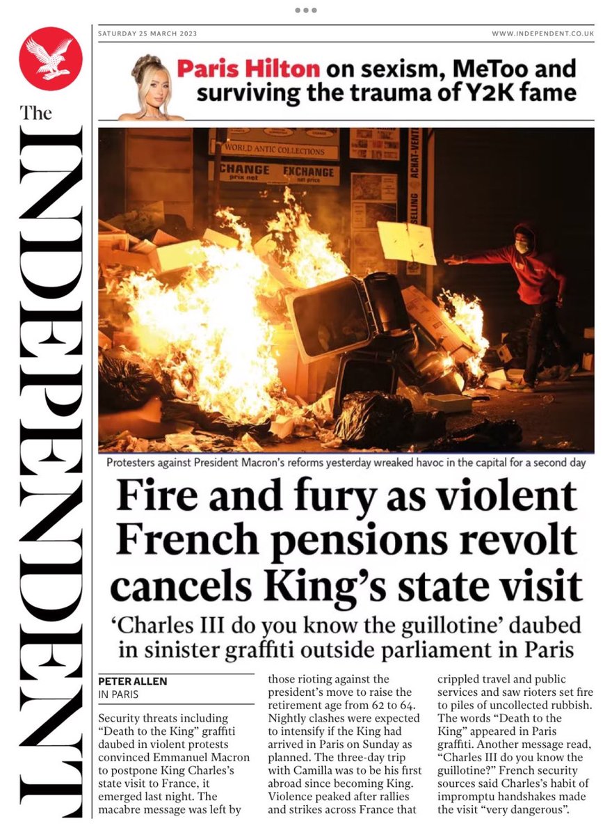Here is Saturday’s front page from the: #Independent #TomorrowsPapersToday Fire and fury as violent French pension revolts cancel Kings state visit