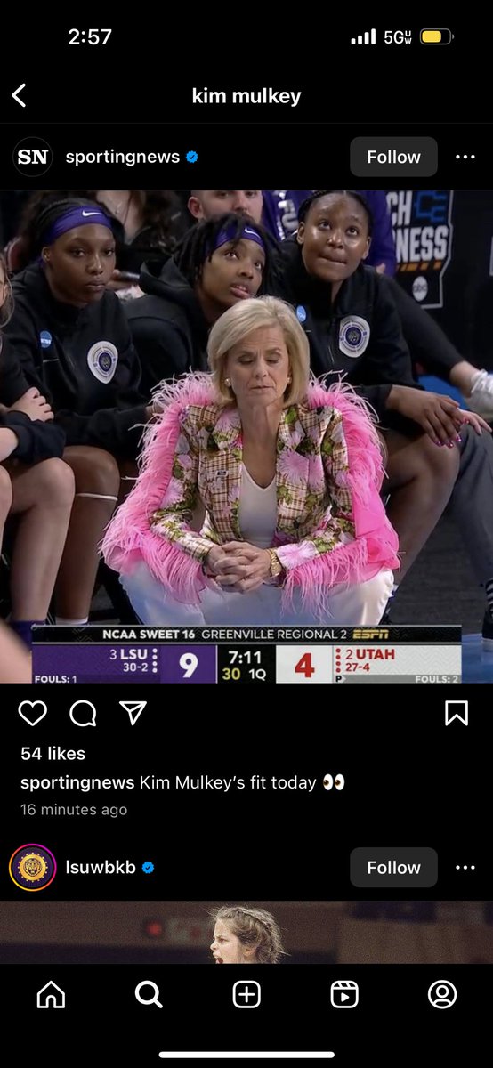a_miller2's tweet photo. I need more people to be talking about what Kim Mulkey is wearing right now……  #MarchMadness #womens #basketball #LSU #KimMulkey #womensbball https://t.co/SwH6djA9Ot
