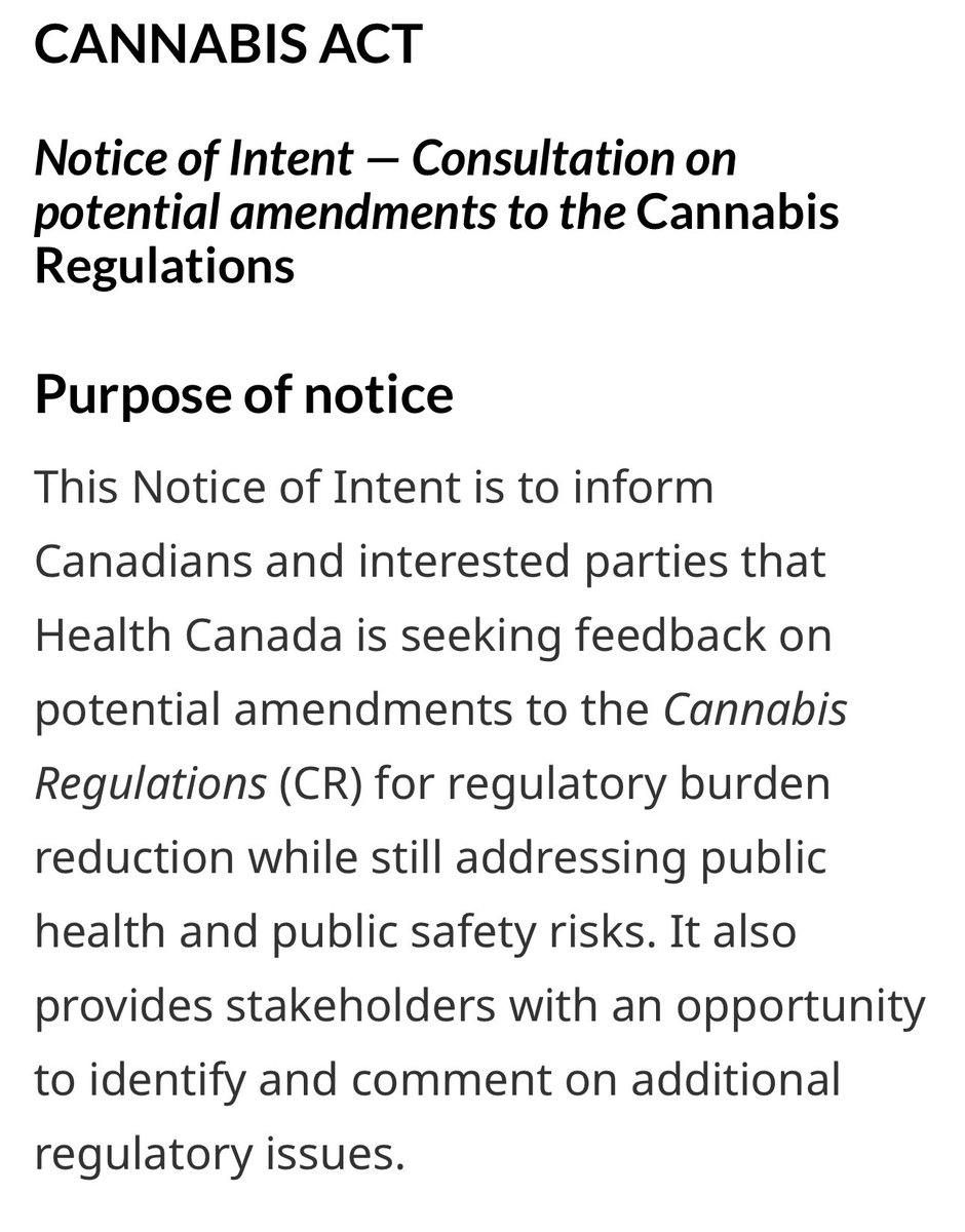 🆕: <a href="/GovCanHealth/">Health Canada and PHAC</a> is seeking feedback on potential amendments to the #Cannabis regulations:

canadagazette.gc.ca/rp-pr/p1/2023/…